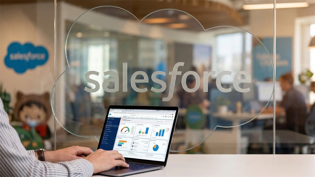 Salesforce logo on a glass office wall as an employee works on a laptop CRM dashboard, illustrating enterprise software operations.