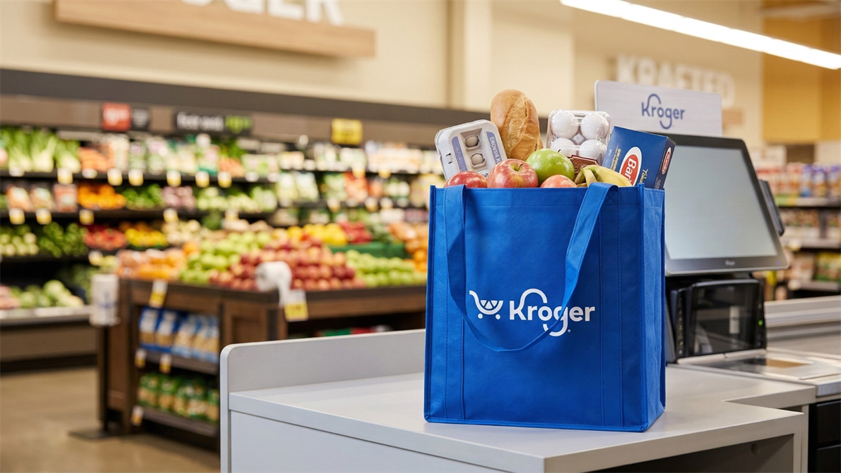 Kroger-branded reusable grocery bag full of fresh food at supermarket checkout, representing grocery retail growth and shareholder returns.