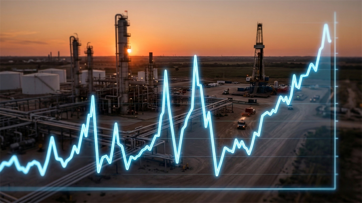 Oil refinery and drilling site at sunset with glowing financial chart overlay illustrating oil price volatility in energy markets.