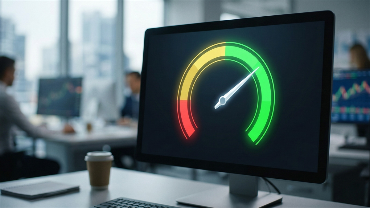 Computer monitor displaying a green stock health indicator gauge in a trading office, symbolizing strong momentum for energy stocks.