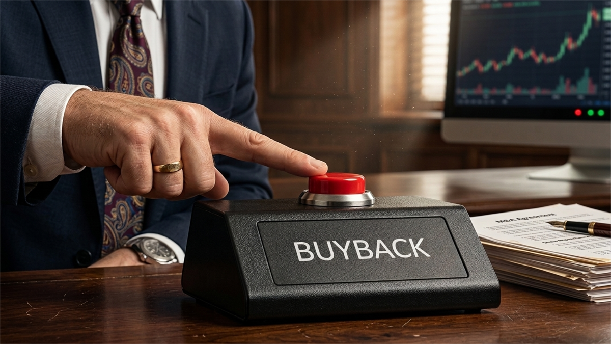 Executive presses BUYBACK button as stock chart rises.