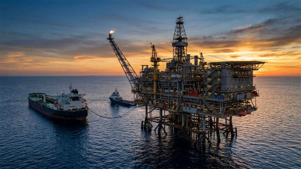 Offshore oil platform pumping crude beside tanker at sunset, highlighting global oil and gas energy production.