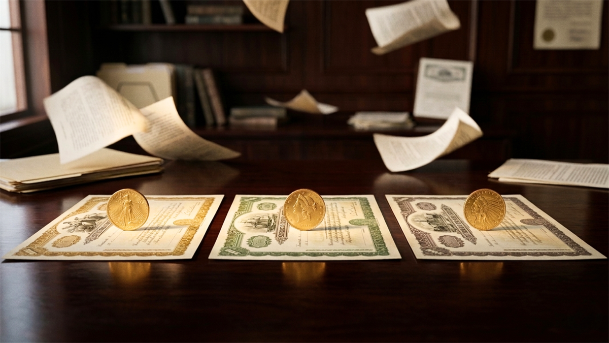 Gold coins rest on vintage stock certificates as papers swirl.