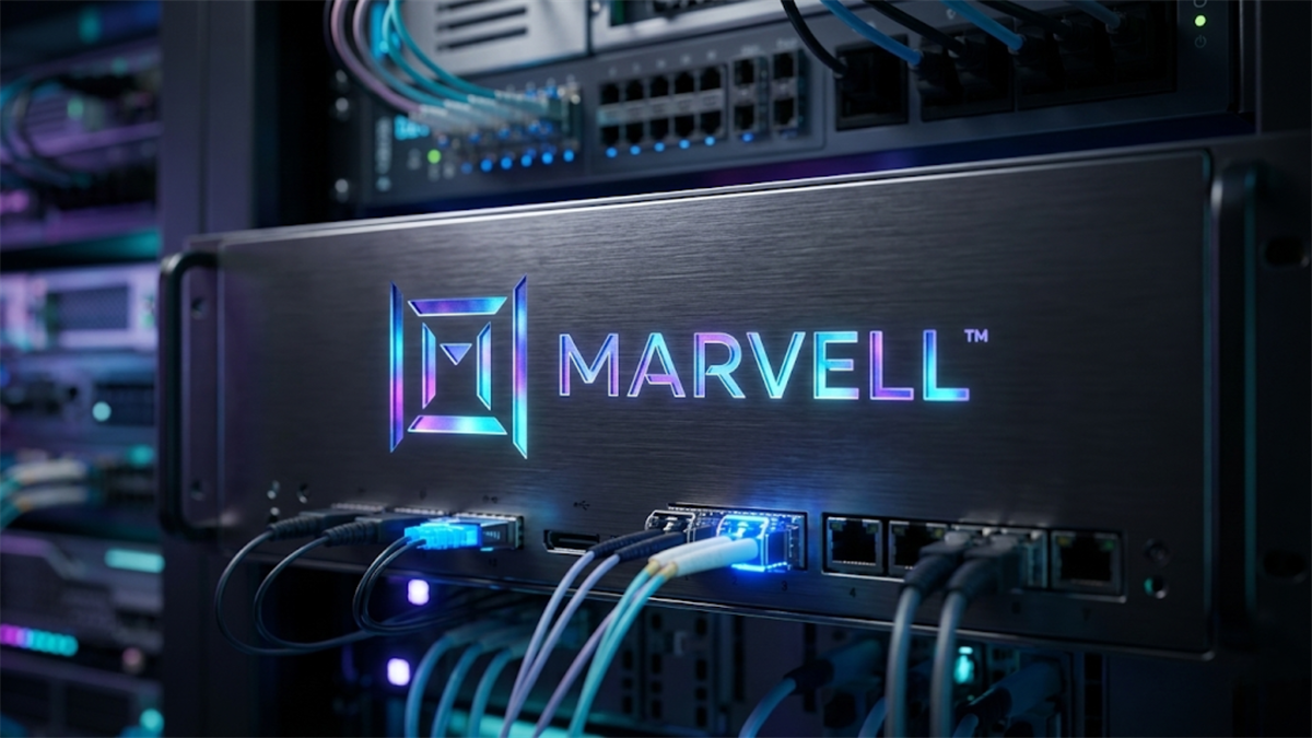 Marvell logo on data center server rack with network cables.