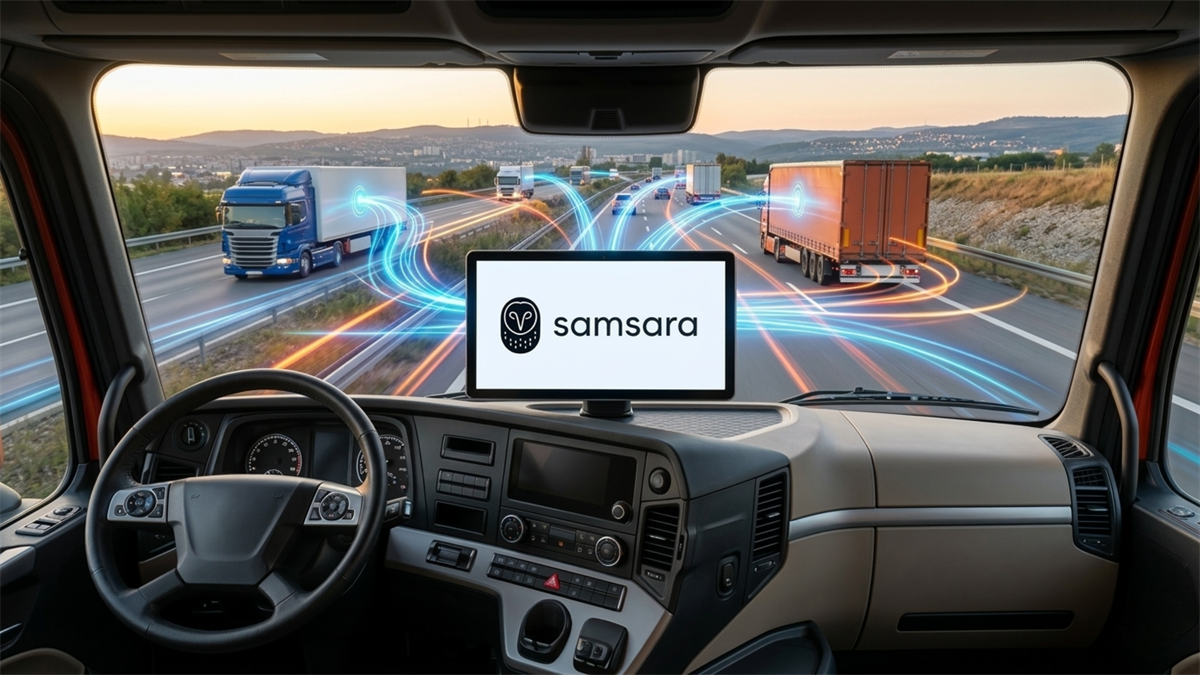 Samsara logo on truck cab display overlooking highway traffic.