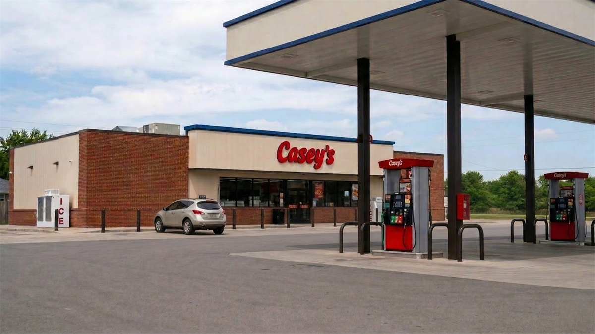 Casey’s General Stores location with gas pumps and storefront, illustrating convenience store retail amid stock dip.