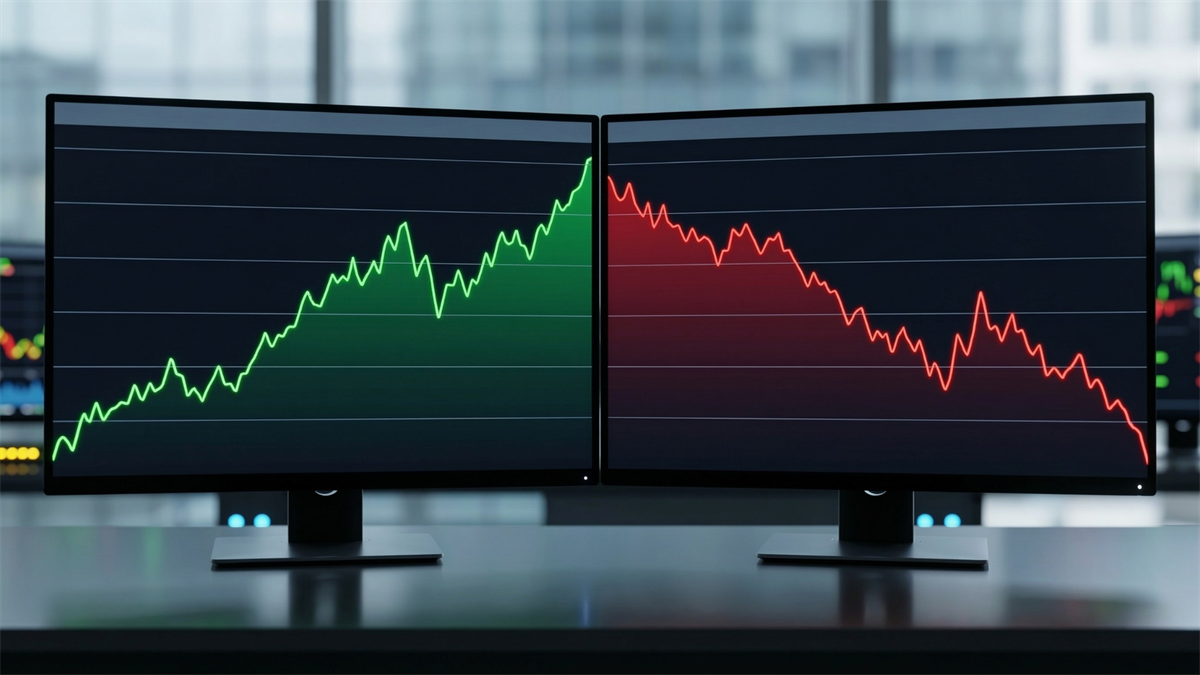 Dual monitors show a rising green stock chart and a falling red tech chart illustrating portfolio hedging during market volatility.