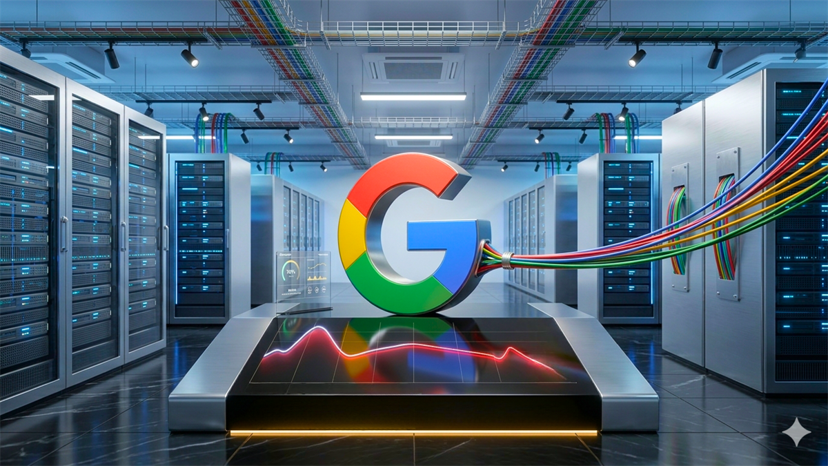 Google logo in data center over falling chart.
