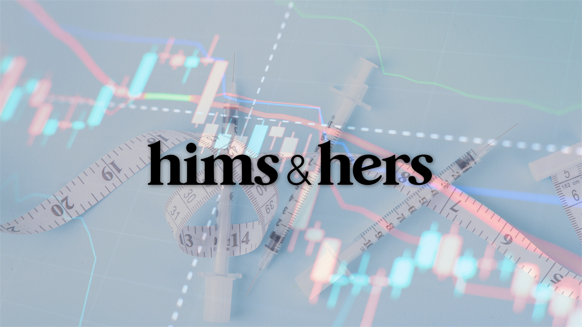 Hims & Hers logo overlaid on medical syringes, measuring tape, and financial charts symbolizing telehealth weight-loss market growth.