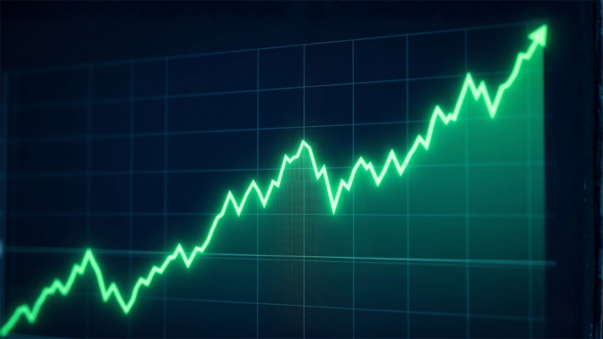 Glowing green stock chart trending sharply upward on a digital screen, symbolizing strong long-term gains from healthcare megatrend stocks like Eli Lilly.