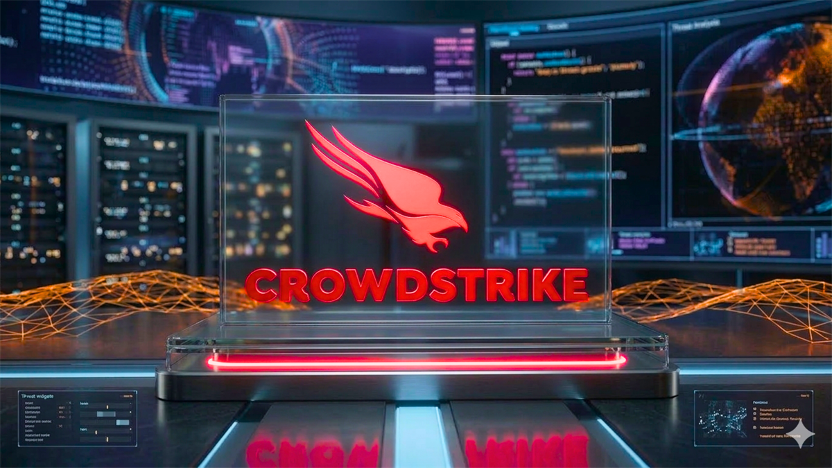 CrowdStrike logo on glass display in security operations center.