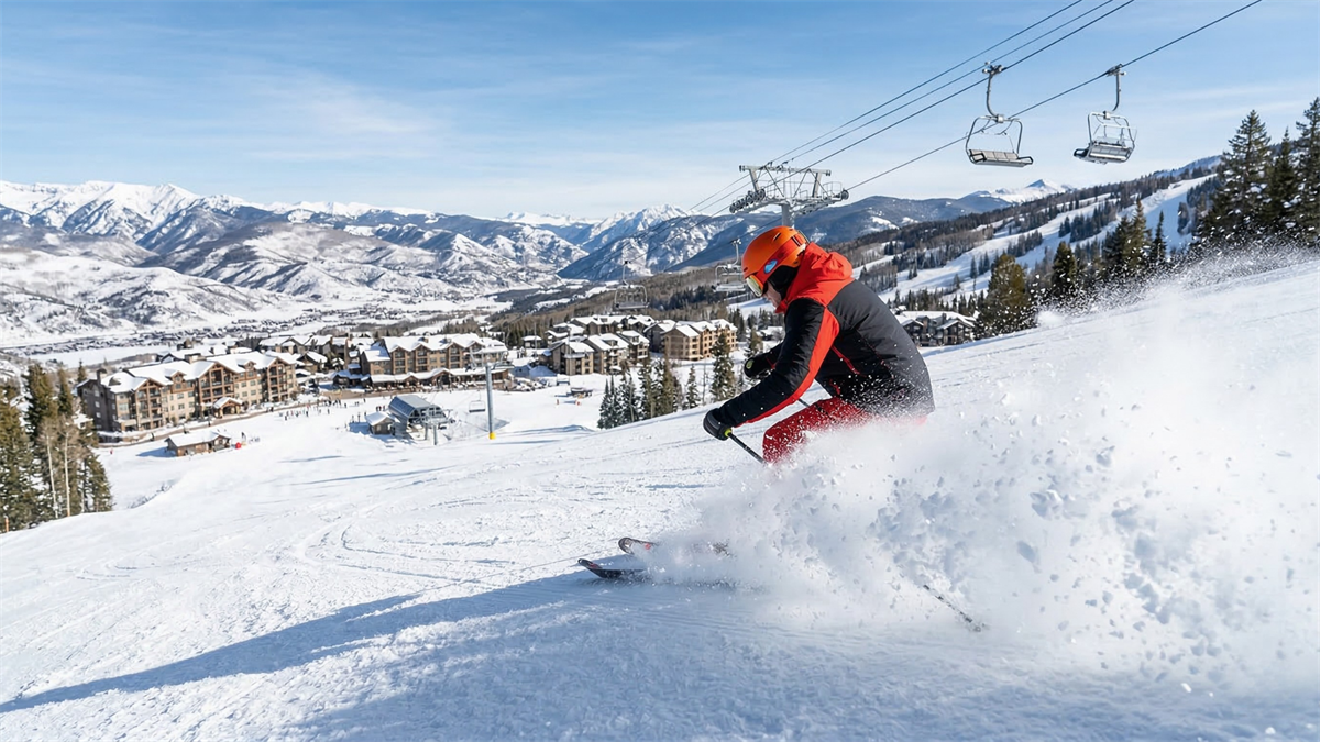 Skier carving down a sunny alpine ski resort slope with chairlifts and a large mountain village below, illustrating the ski resort industry and winter tourism.