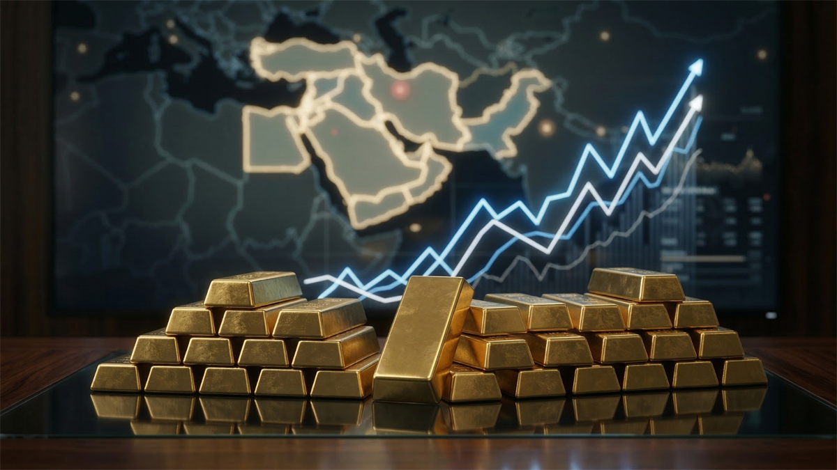Stacks of gold bars with rising market chart and Middle East map, symbolizing safe-haven demand during geopolitical tension.