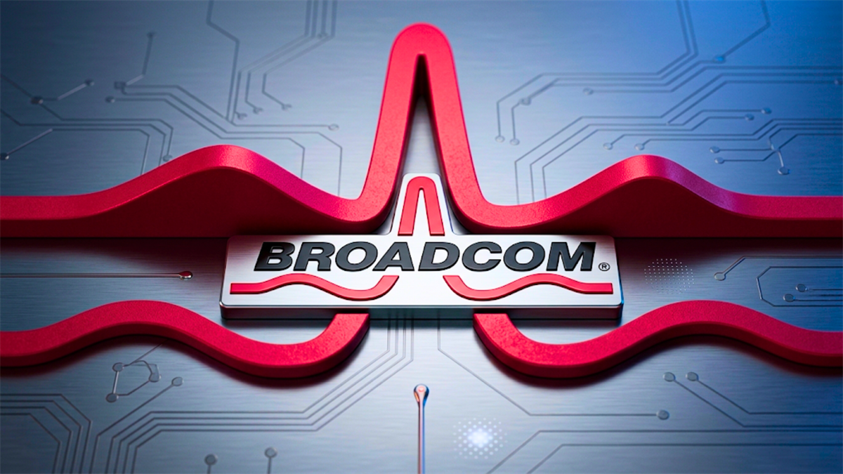 Broadcom logo on stylized circuit board with red waveform.