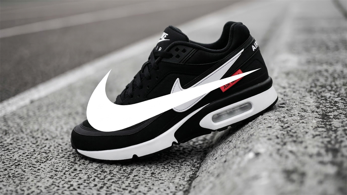 Black Nike Air sneaker with a large white swoosh resting on asphalt pavement, representing Nike’s athletic footwear brand.