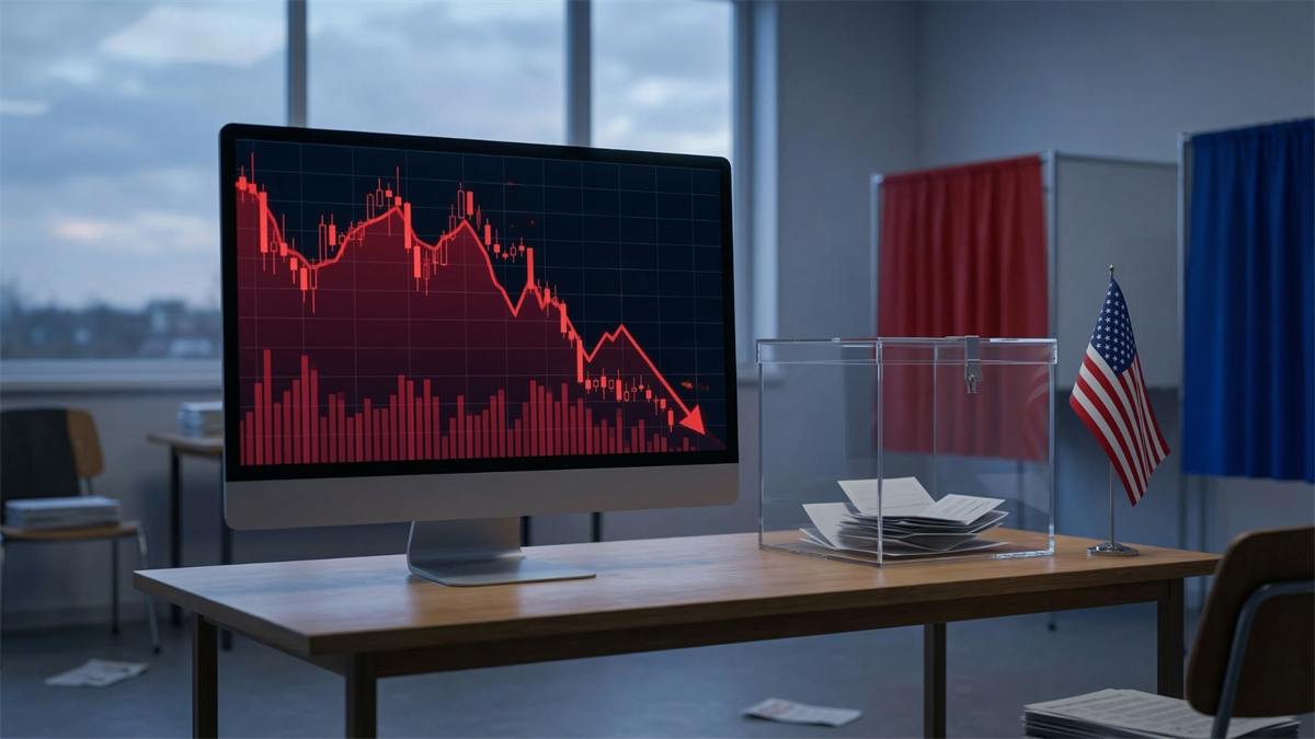 Computer screen shows plunging stock market chart beside ballot box and U.S. flag, highlighting election-driven market volatility risk.