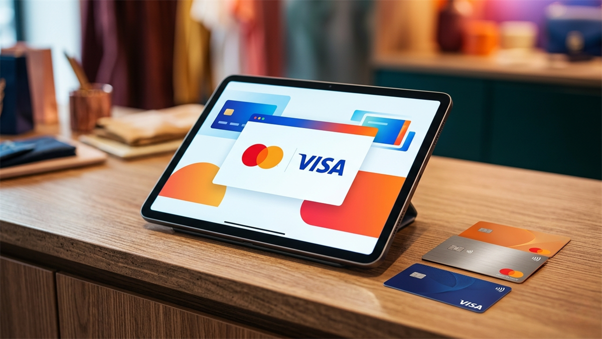 Tablet displays Visa and Mastercard payment logos beside credit cards.