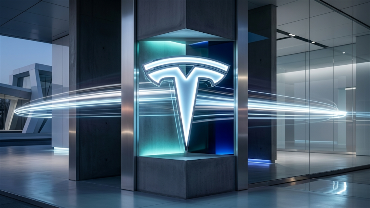 Tesla logo glowing in a modern showroom with light trails.