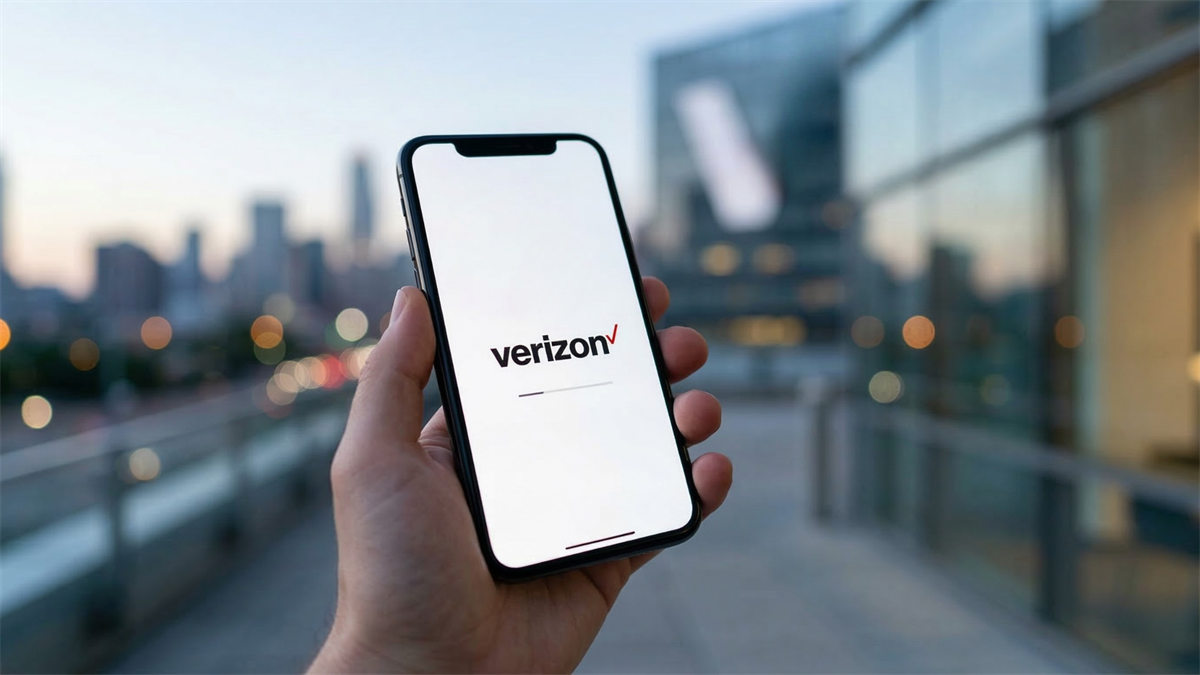 Hand holding a smartphone displaying the Verizon logo against a blurred city skyline, symbolizing the telecom giant’s U.S.-focused network and dividend stability.