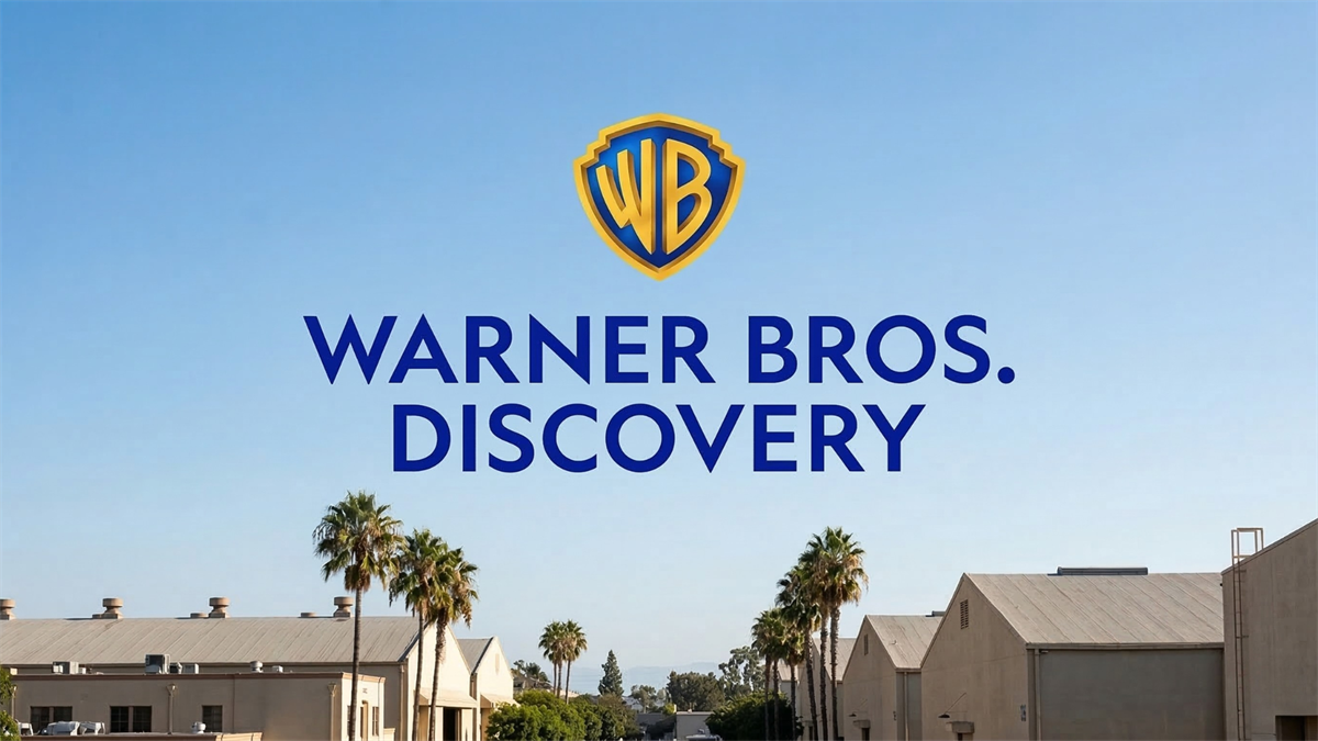 Warner Bros. Discovery logo above studio lot, illustrating media giant amid acquisition news and streaming industry