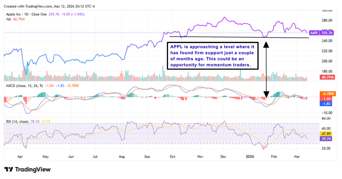 Photo of an Apple APPL stock chart that shows how the stock is approaching a previously held support level.
