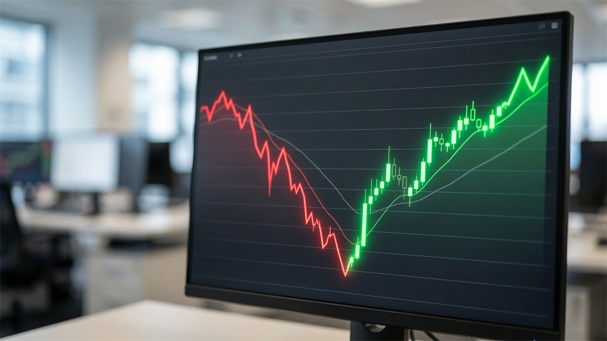Computer monitor displaying a stock chart shifting from a steep red decline to a bright green upward trend, illustrating a technical market rebound.
