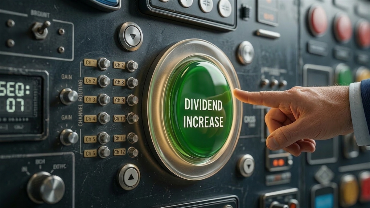 Executive presses &ldquo;DIVIDEND INCREASE&rdquo; button on control panel.