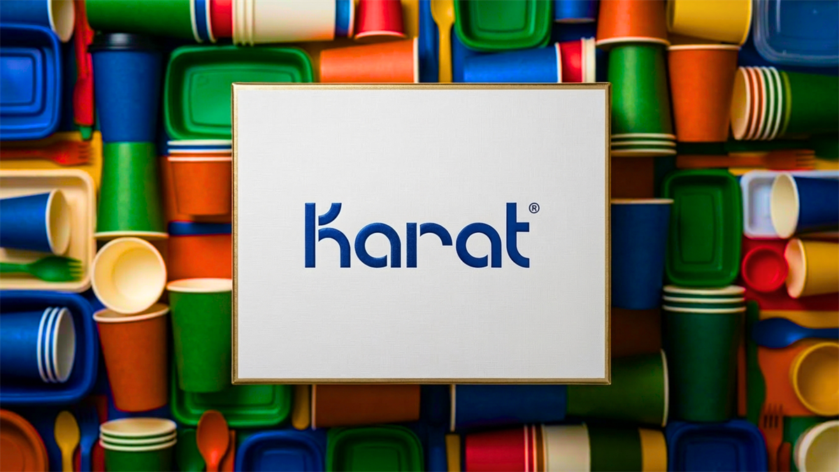 Karat logo centered over stacked cups and food containers.