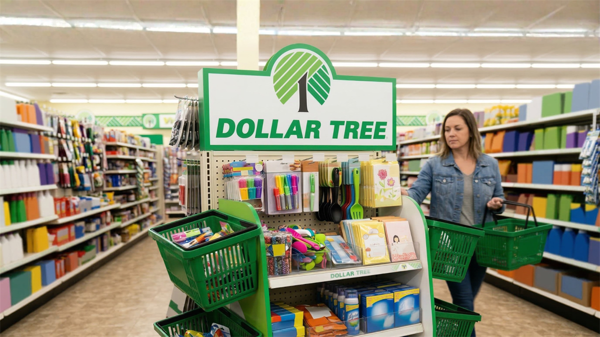 Shopper holding green baskets in a Dollar Tree aisle beneath store sign, illustrating discount retail growth story.