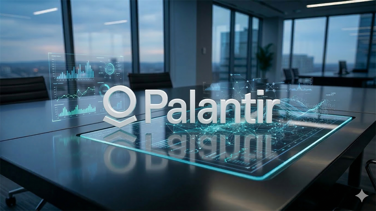 Palantir logo hovering above a futuristic digital analytics table in a modern office, representing Palantir’s AI data platform and enterprise intelligence software.