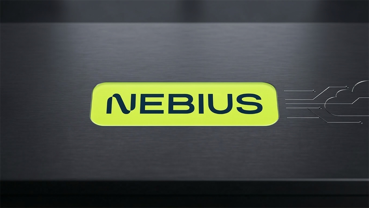 Neon green Nebius logo on a sleek dark surface with circuit-like lines, symbolizing AI cloud infrastructure growth.