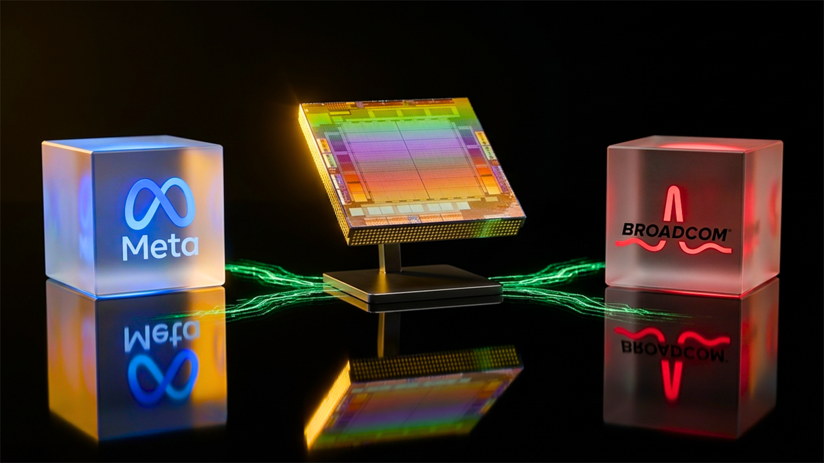 Meta and Broadcom logos flank an MTIA chip.