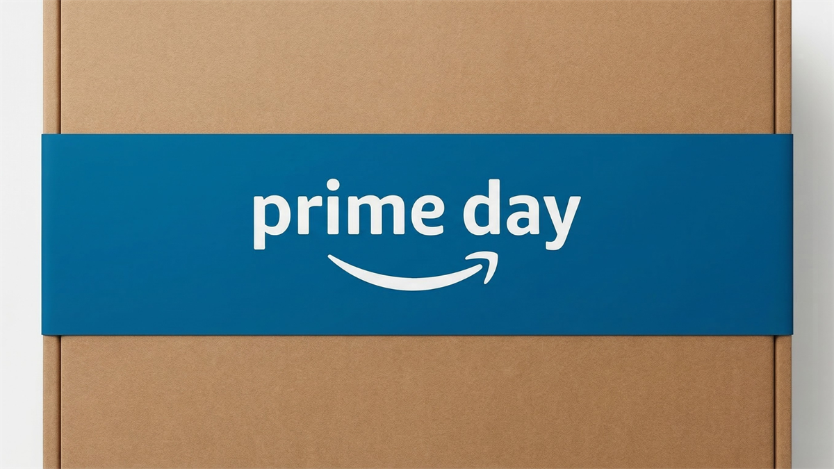 Amazon Prime Day banner on cardboard box, symbolizing early sales event and e-commerce demand shift.