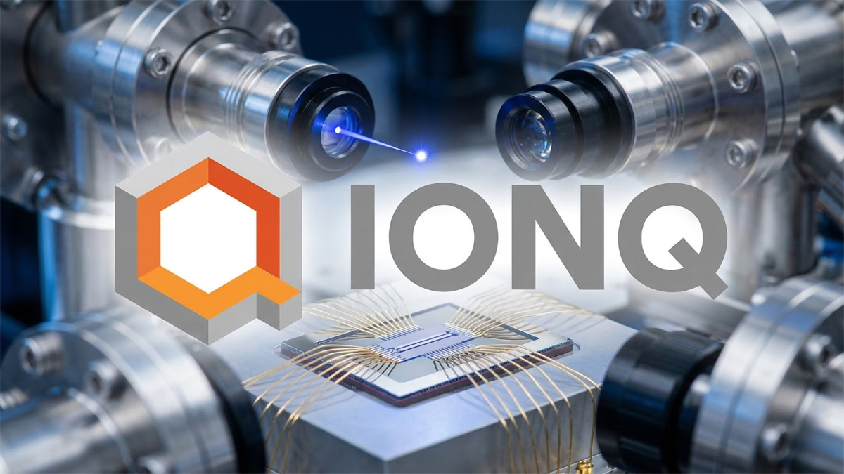IonQ quantum computing chip with laser optics and precision lab equipment in a high-tech experimental setup.