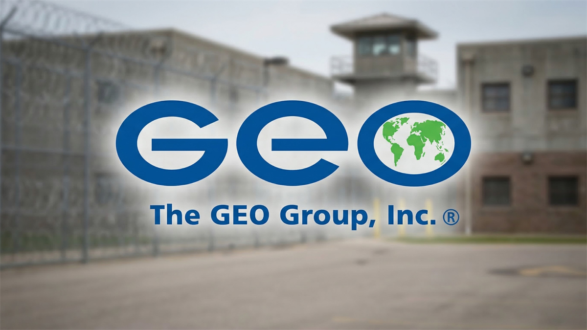 GEO Group logo over secure detention facility with barbed wire and guard tower, highlighting immigration detention services.
