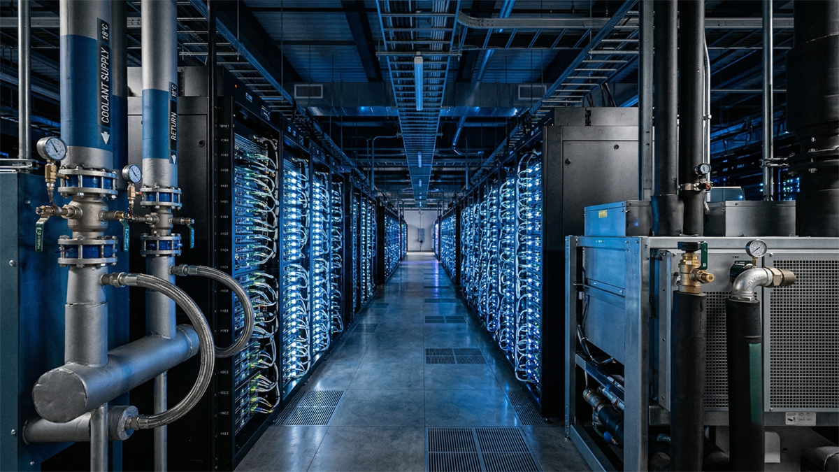 Modern AI data center with liquid cooling pipes and server racks, highlighting infrastructure growth and cooling demand.