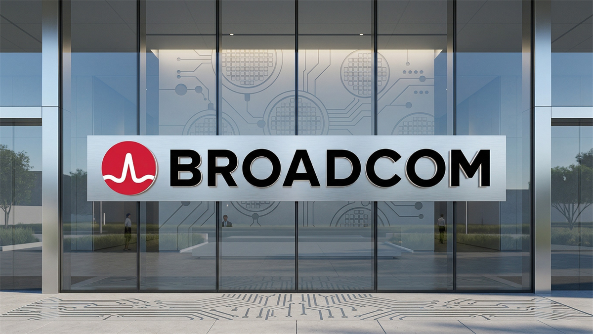 Imaginative depiction ofBroadcom headquarters entrance, symbolizing strong AI revenue growth in semiconductor industry.