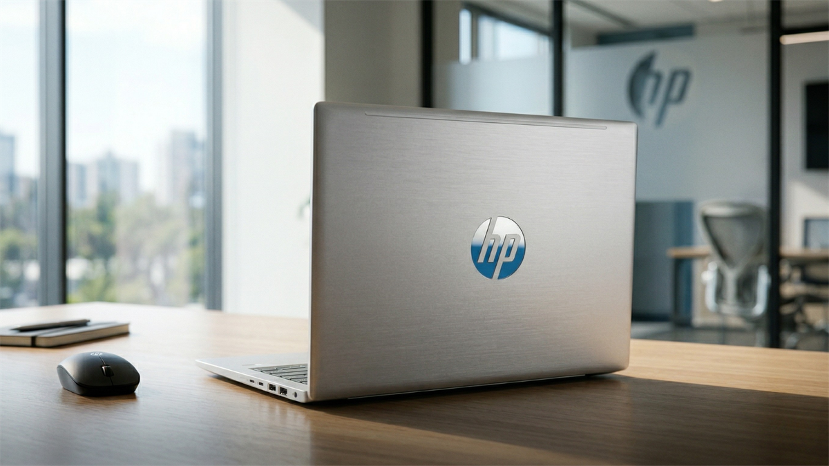 HP laptop on office desk with logo visible, representing computer hardware industry and HP’s device business.