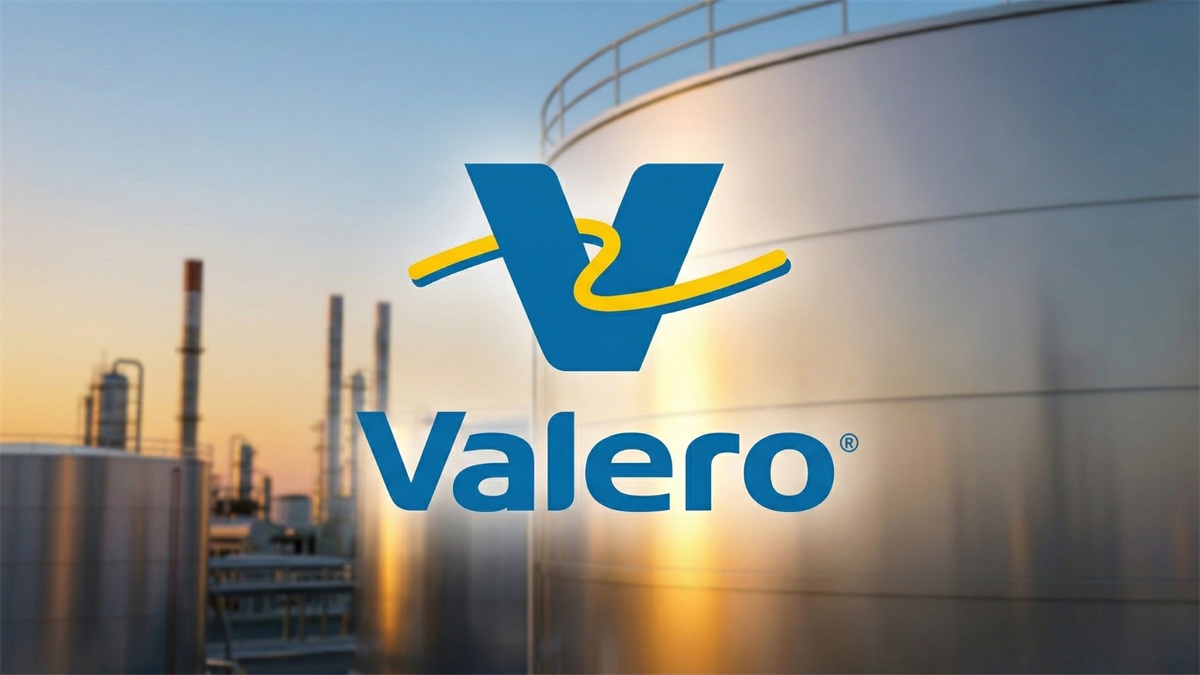 Valero refinery tanks at sunset with logo, symbolizing strong refining margins and energy sector growth.