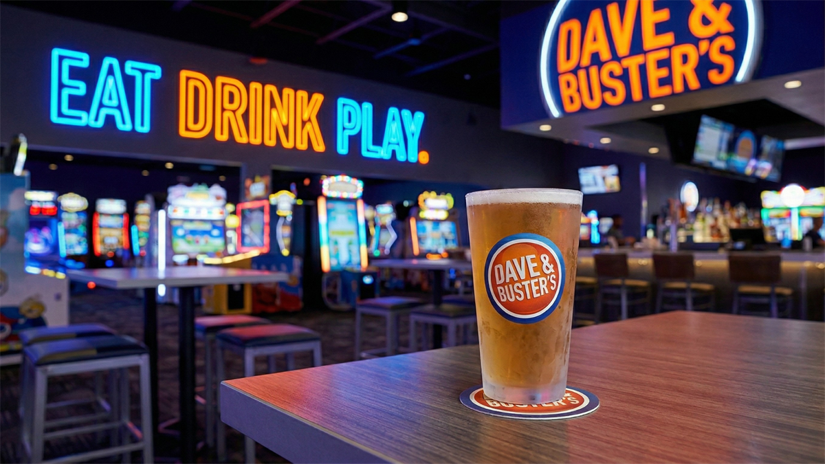 Interior of a Dave & Buster&rsquo;s arcade restaurant with neon signage and drinks, highlighting arcade dining industry growth.