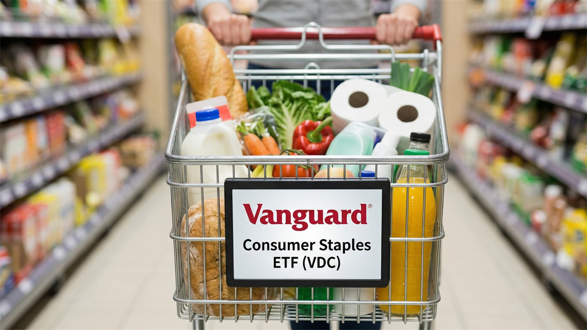 Grocery cart with food and household goods highlights consumer staples demand as investors shift to low-beta VDC ETF amid uncertainty.