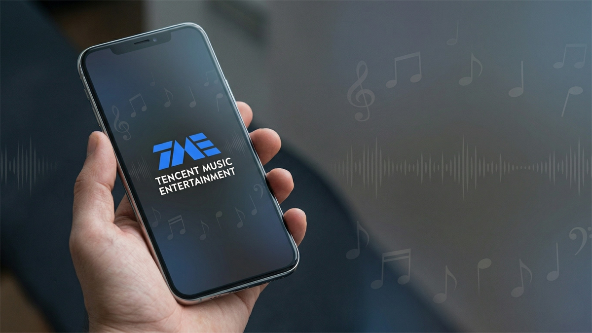 Smartphone displaying Tencent Music app logo, symbolizing streaming competition and shifting user trends.