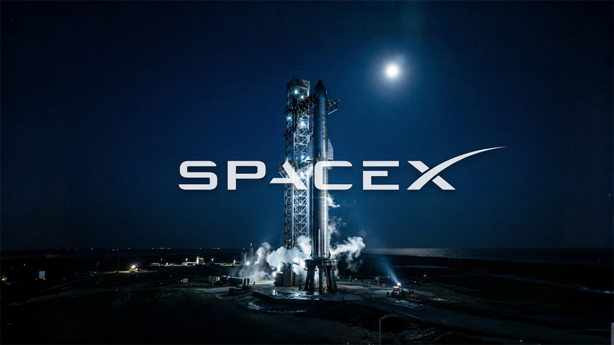 SpaceX rocket stands on a launch pad at night as investors weigh the company’s planned IPO and $1.25 trillion valuation.