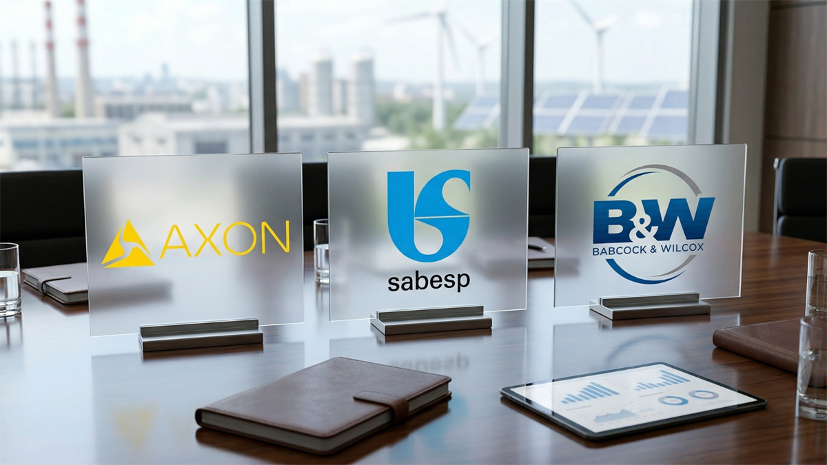 Three frosted glass panels displaying the logos of Axon, Sabesp, and Babcock & Wilcox on a conference table.