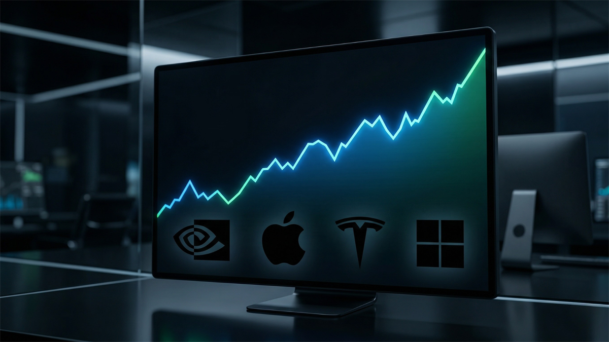 Monitor displaying rising stock chart with major tech logos, symbolizing tech stock rally and QQQ ETF growth.