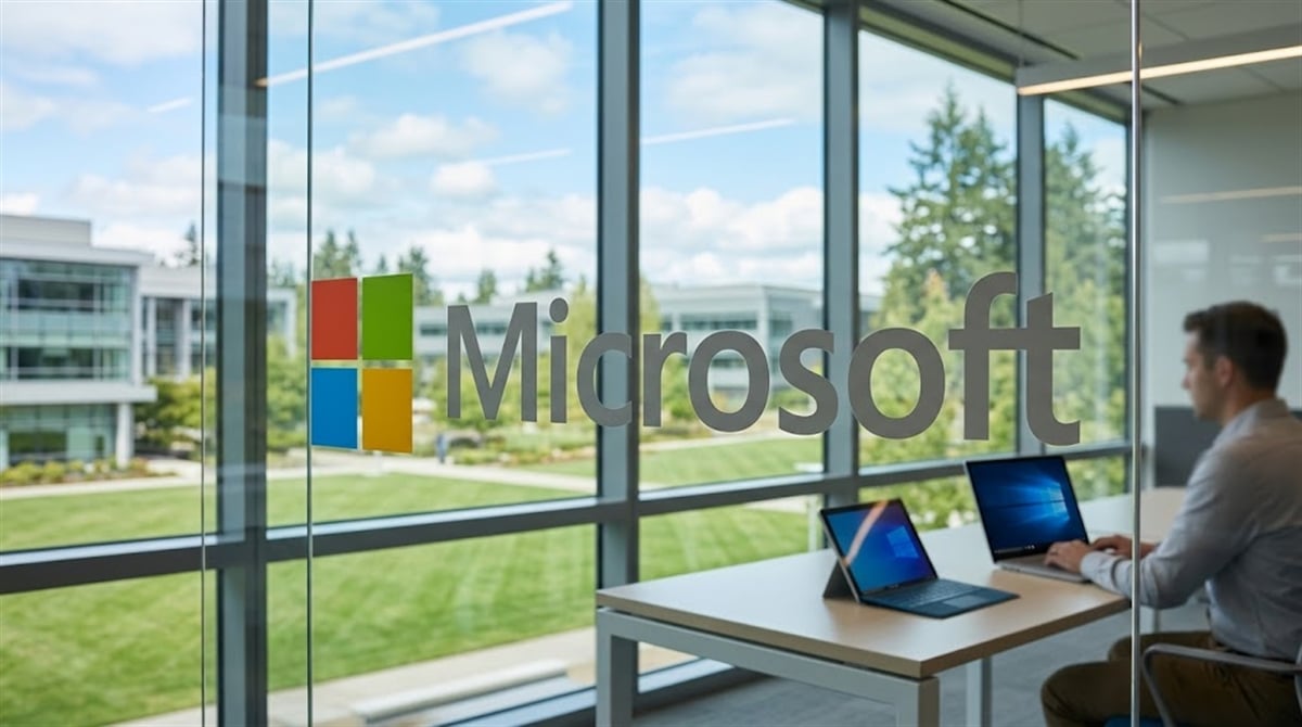 Microsoft logo and text displayed on a glass window in a modern office setting.