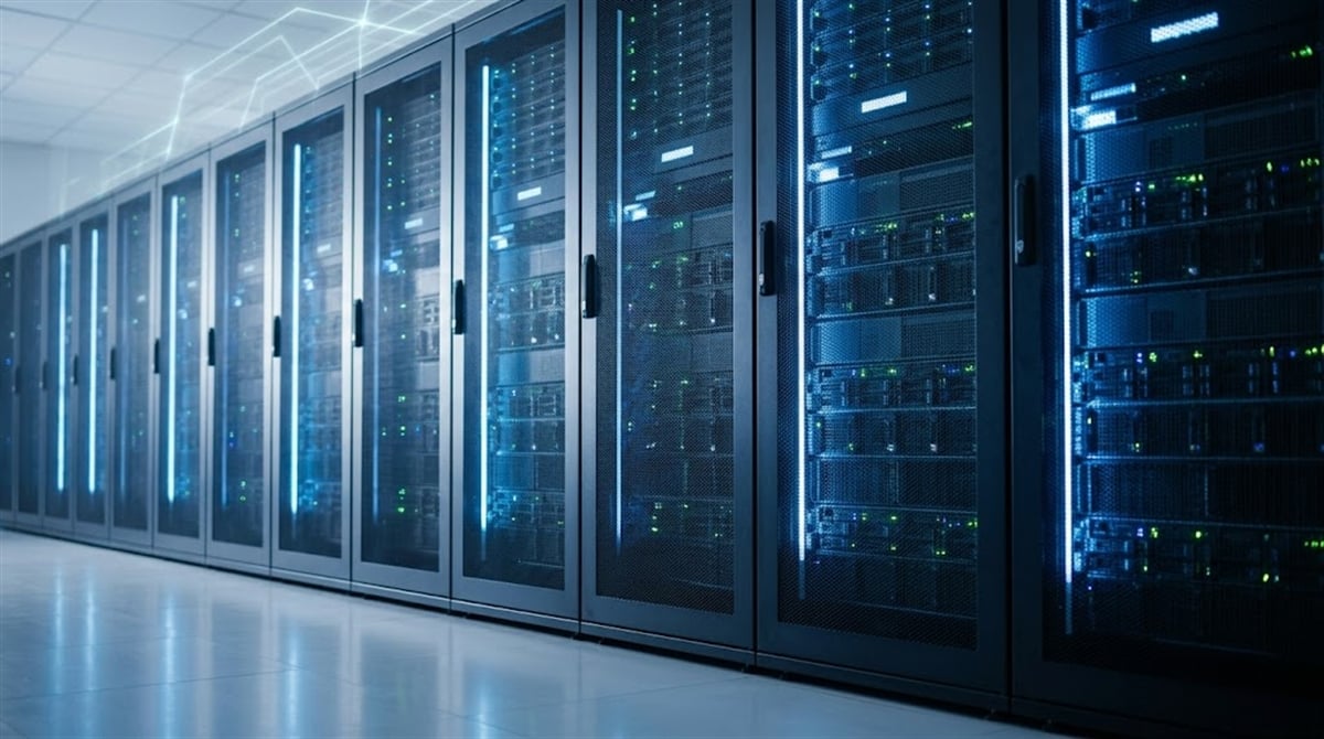 Server racks with blue and green lights and a glowing network overlay.