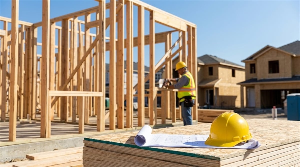 A photorealistic view of a new residential home's wooden framing under construction.