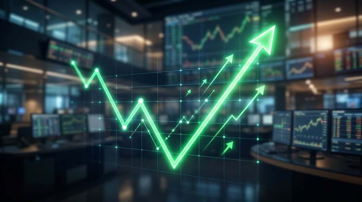 Glowing green V-shaped financial recovery chart with upward arrows over a blurred modern trading floor.