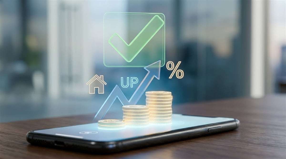 A smartphone displays holographic icons including stacked coins, an upward arrow, a house, a percentage sign, and a green checkmark.